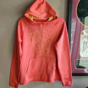NIKE SWEATSHIRT HOODIE PULLOVER ORANGE "JUST DO IT" WOMEN'S SIZE M POCKET FRONT